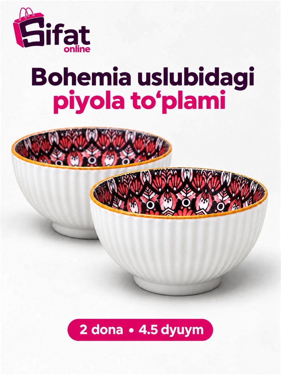 Bohemia naqshli chinni piyola to'plami, 2 dona