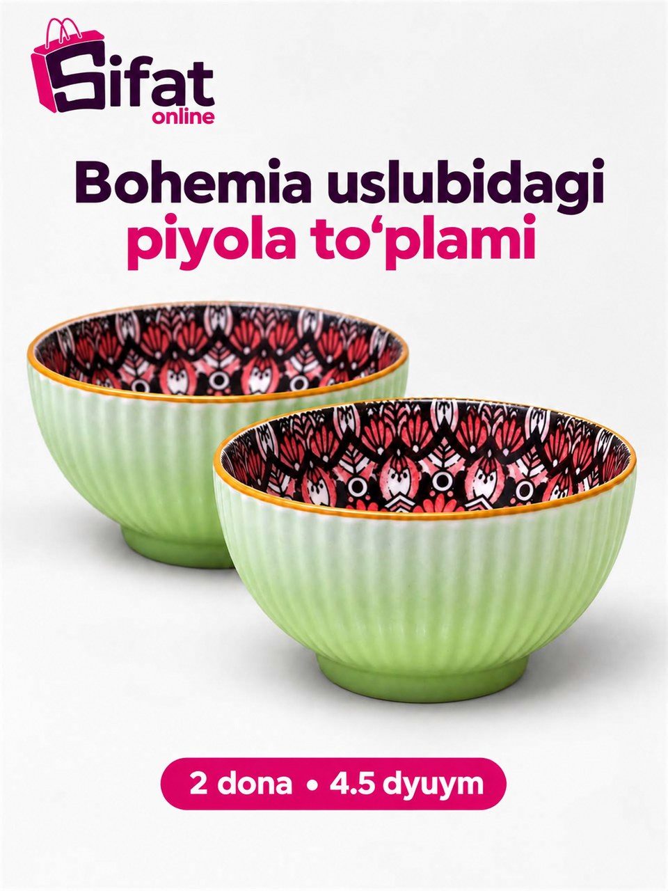 Bohemia naqshli chinni piyola to'plami, 2 dona