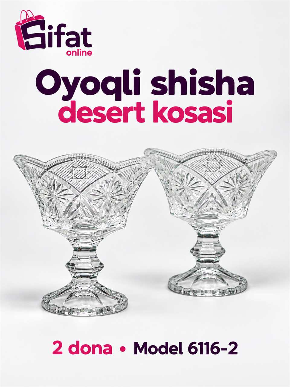 Diamond Glass oyoqli shisha desert kosasi, 2 dona