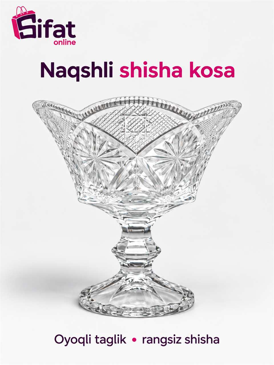 Diamond Glass oyoqli shisha desert kosasi, 2 dona