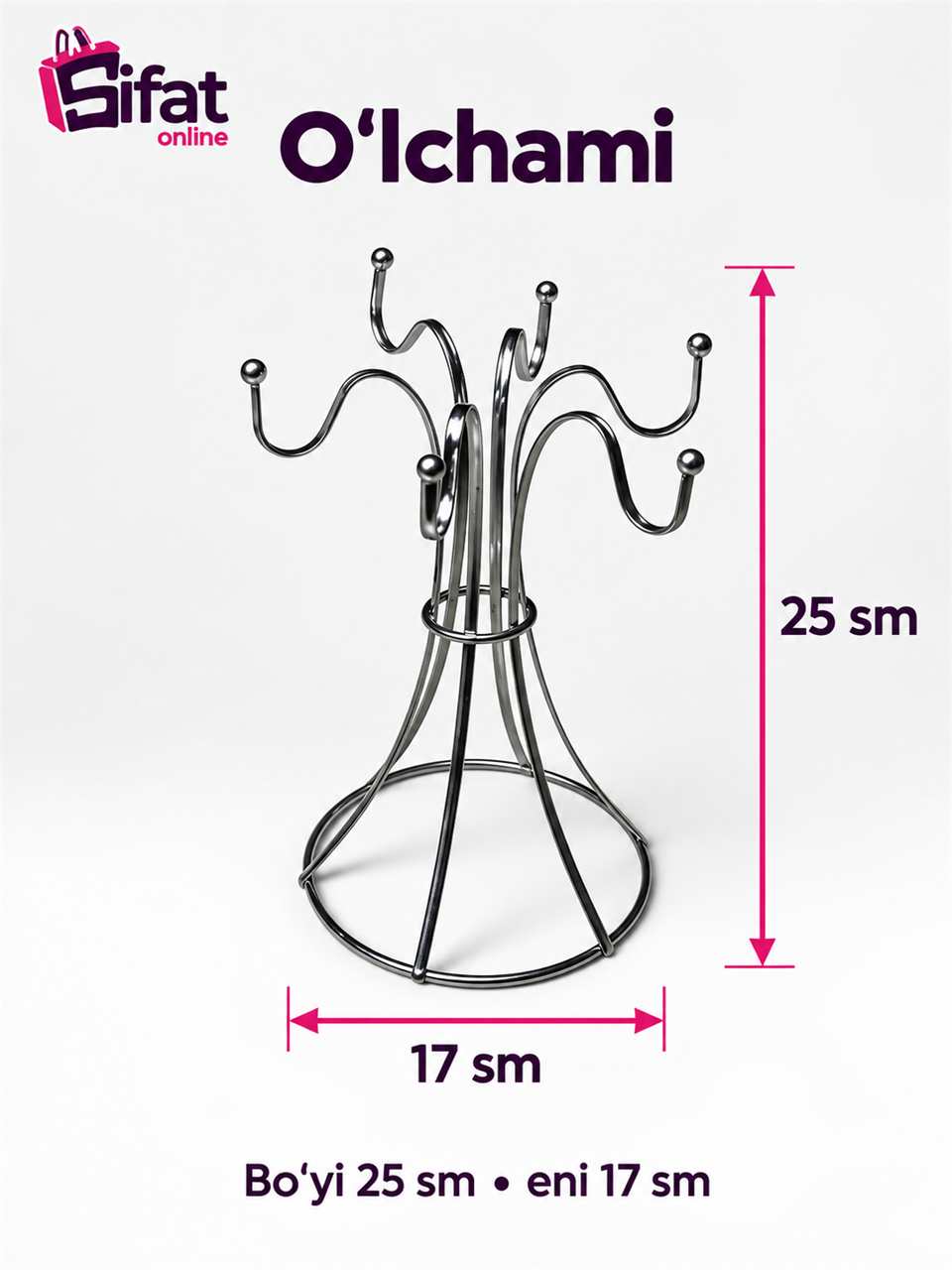 6 ilgakli metall krujka tagligi, 25 x 17 sm