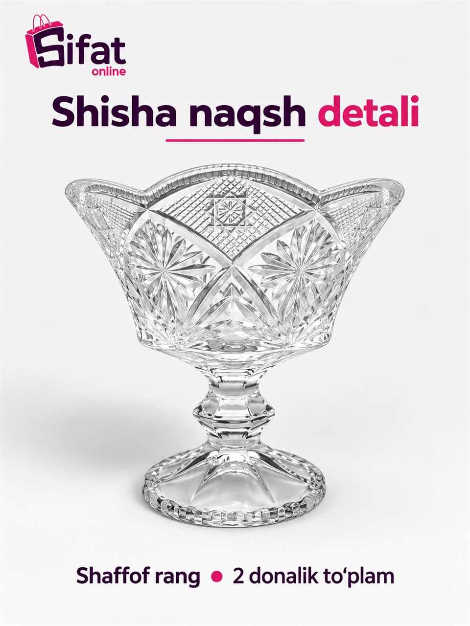 Diamond Glass oyoqli shisha desert kosasi, 2 dona