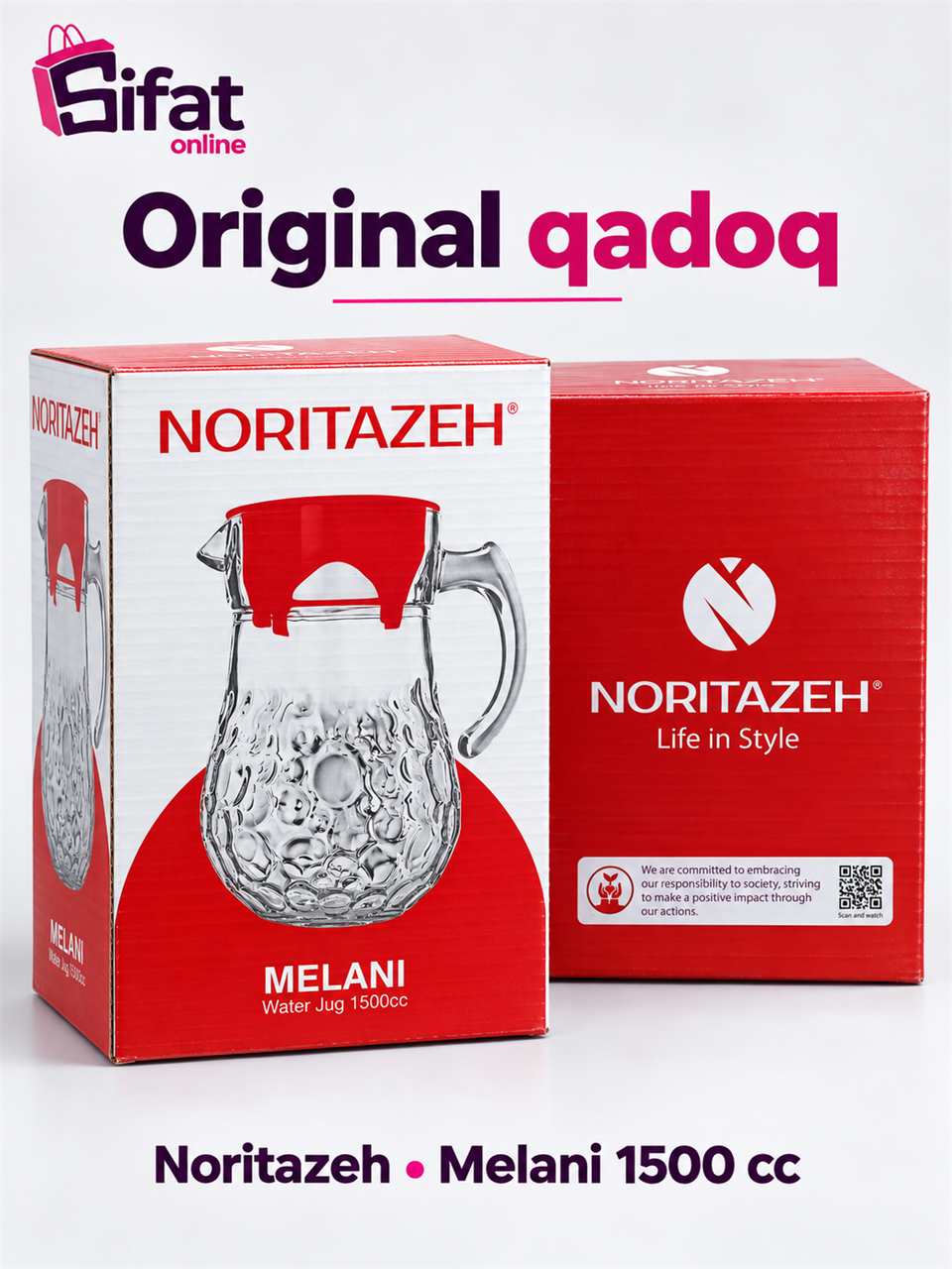 Noritazeh Melani shisha suv ko'zasi, 1.5 litr