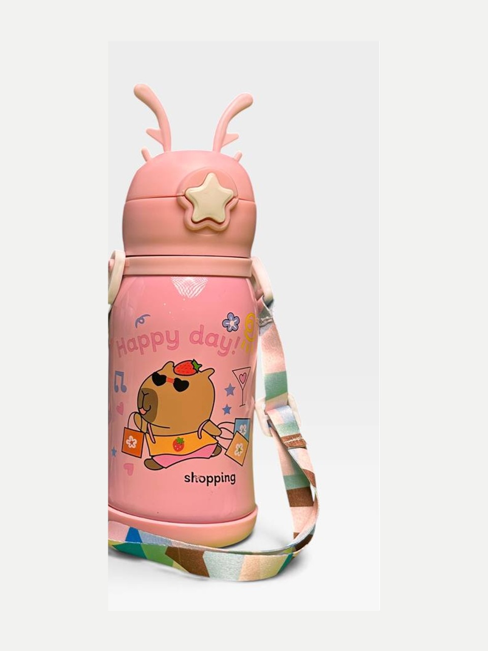 Yelkaga osiladigan shoxchali bolalar termosi, 350 ml - Pushti